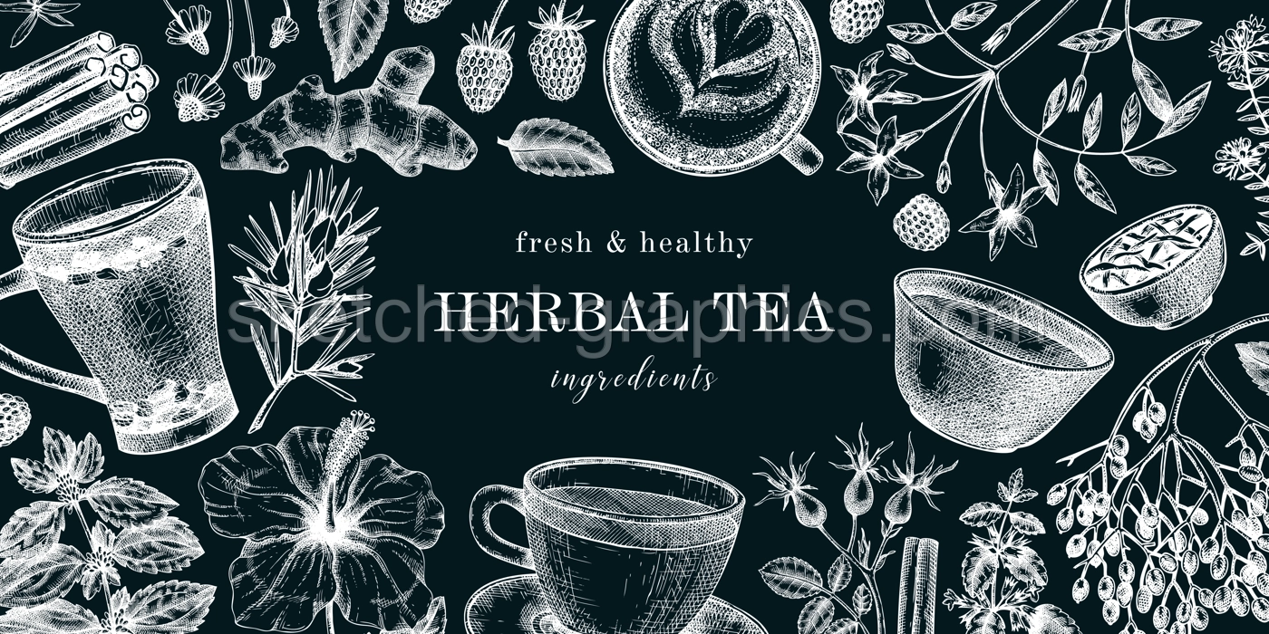 Herbal Tea Banner With Cups And Ingredients Illustration